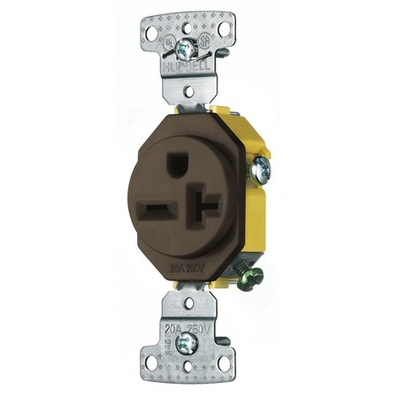 HUBBELL WIRING DEVICE-KELLEMS TradeSelect, Straight Blade Devices, Residential Grade, Receptacles, Single, 20A 250V, 2-Pole 3-Wire Grounding, 6-20R, Self Grounding, Brown RR205